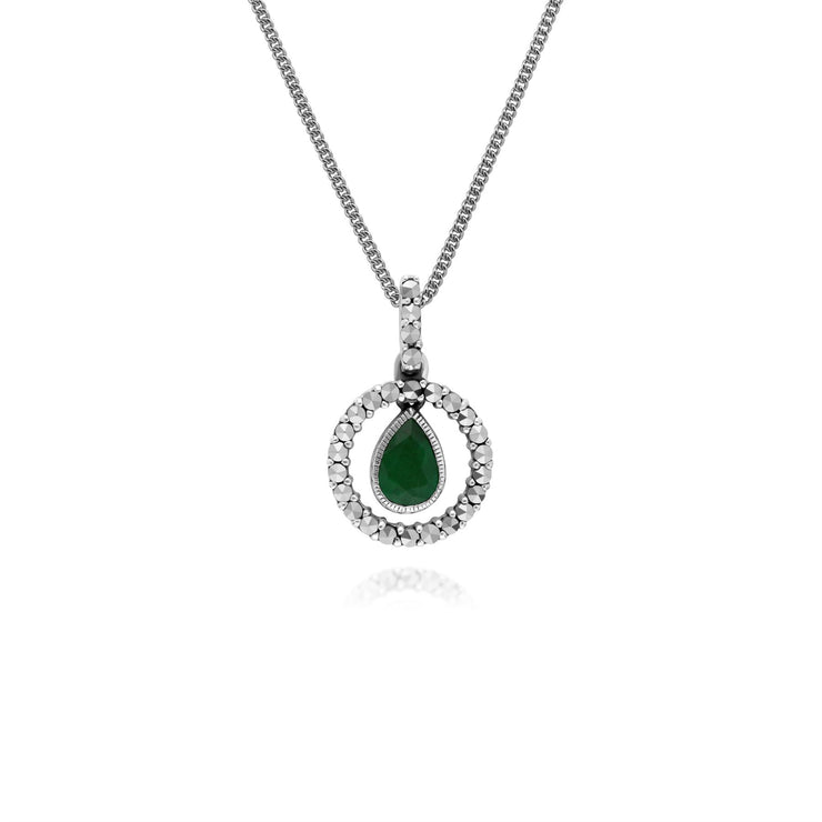 Argent Sterling Gouttes D'Eau Émeraude et Rondes Marcassite 45cm Collier