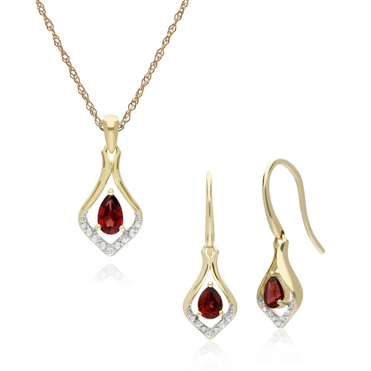 Boucles d'Oreilles Dormeuses et Pendentif Feuille Classique Or Jaune 375 Grenat et Diamant