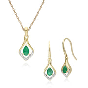 Boucles d'Oreilles Dormeuses et Pendentif Feuille Classique Or Jaune 375 Emeraude et Diamant