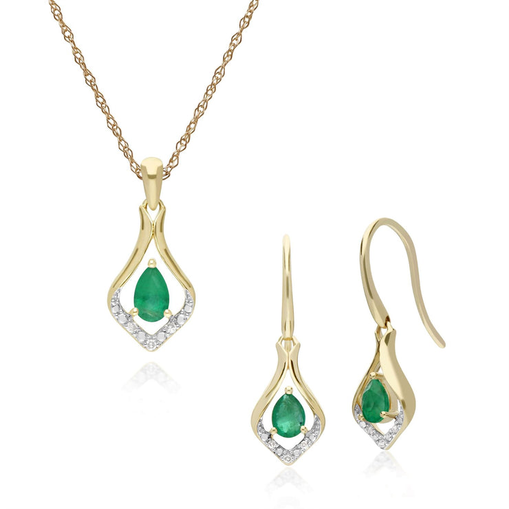 Boucles d'Oreilles Dormeuses et Pendentif Feuille Classique Or Jaune 375 Emeraude et Diamant