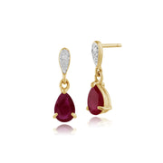 Boucles d'Oreilles Pendantes Classique Or Jaune 375 Rubis Poire et Diamant