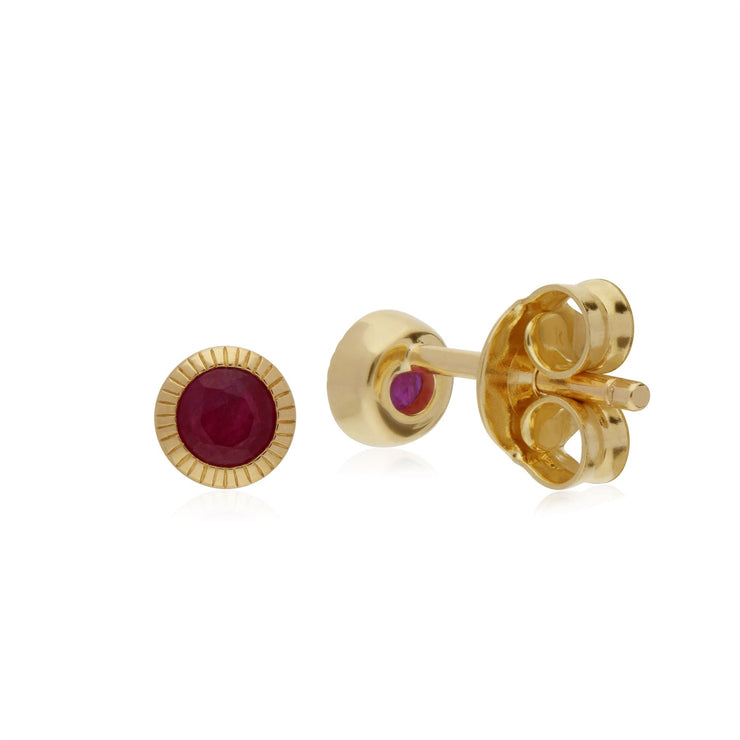 Rubis Boucles D'Oreilles, 9 CT or Jaune Rubis Pierre Unique Rond Milgrain Boucles D'Oreilles