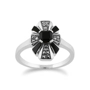 Gemondo Art Déco Bague, 925 Sterling Silver Art Déco Onyx Noir & Marcassite Bague