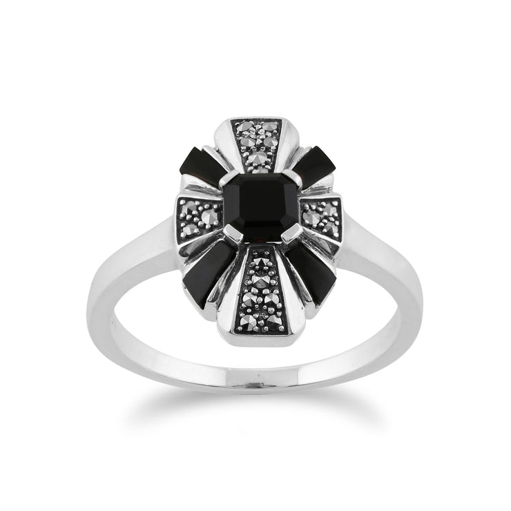 Gemondo Art Déco Bague, 925 Sterling Silver Art Déco Onyx Noir & Marcassite Bague