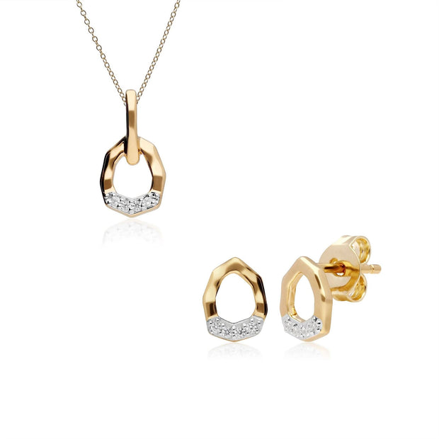 Pendentif et Boucles d'Oreilles Asymétriques Pavé Diamant Or Jaune 375