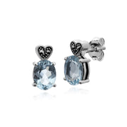 Topaze Boucles D'Oreilles, Argent Sterling Topaze Bleu & Marcassite Boucles D'Oreilles Ovales Clous