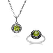 Pendentif et Bague Style Art Déco Argent 925 Péridot et Marcassite Cluster Rond