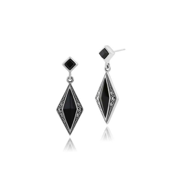 Collier et Boucles d'Oreilles Pendantes Style Art Déco Argent 925 Onyx Noire et Marcassite