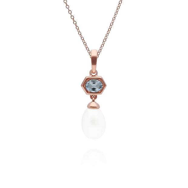 Pendentif Moderne Perle Argent 925 Plaqué Or Rose Perle et Topaze Bleue Hexagonal
