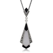 Pendentif Style Art Déco Argent 925 Onyx Noir, Nacre et Marcassite