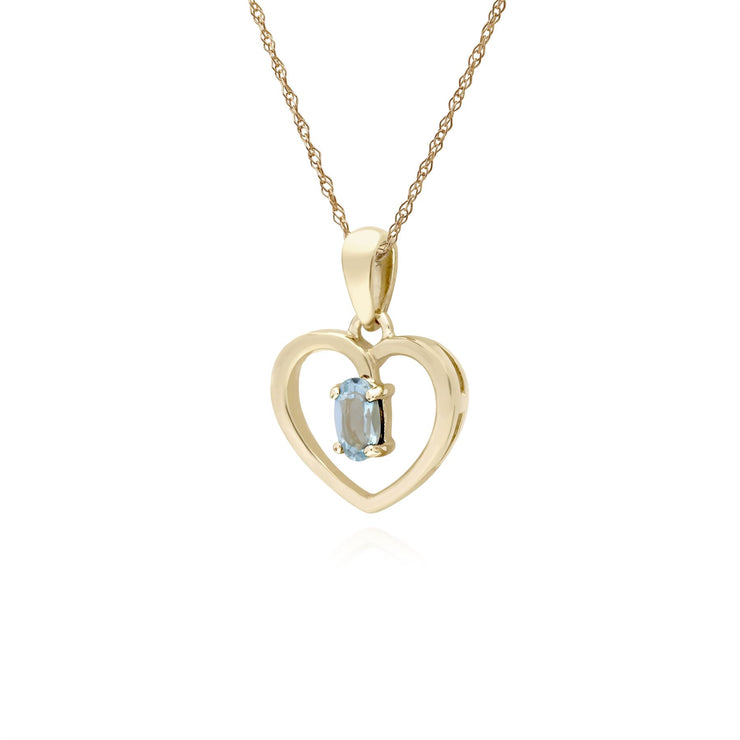 9 ct or Jaune Aigue-Marine Ovale Pierre Unique Coeur Pendentif sur 45cm Chaîne