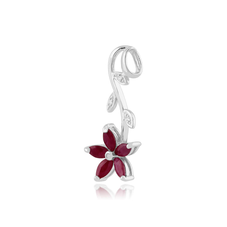 Pendentif Floral Or Blanc 375 Rubis Marquise et Diamant