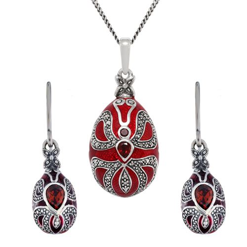 Pendentif et Boucles d'Oreilles Pendantes Style Art Nouveau Oeuf Fabergé Argent 925 Grenat Poire