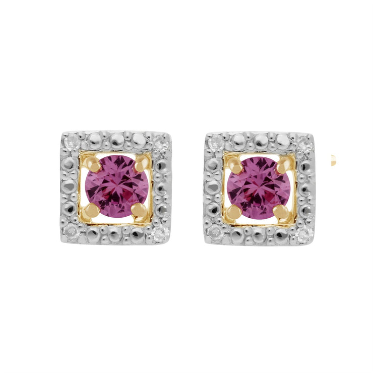 Boucles d'Oreilles Clou Saphir Rose Classique Or Jaune 375 et Ear-Jacket Carré Diamant