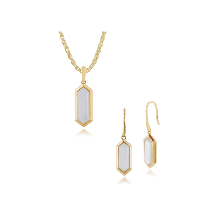 Pendentif et Boucles d'Oreilles Pendantes Géométique Argent 925 Plaqué Or Jaune Nacre Prisme