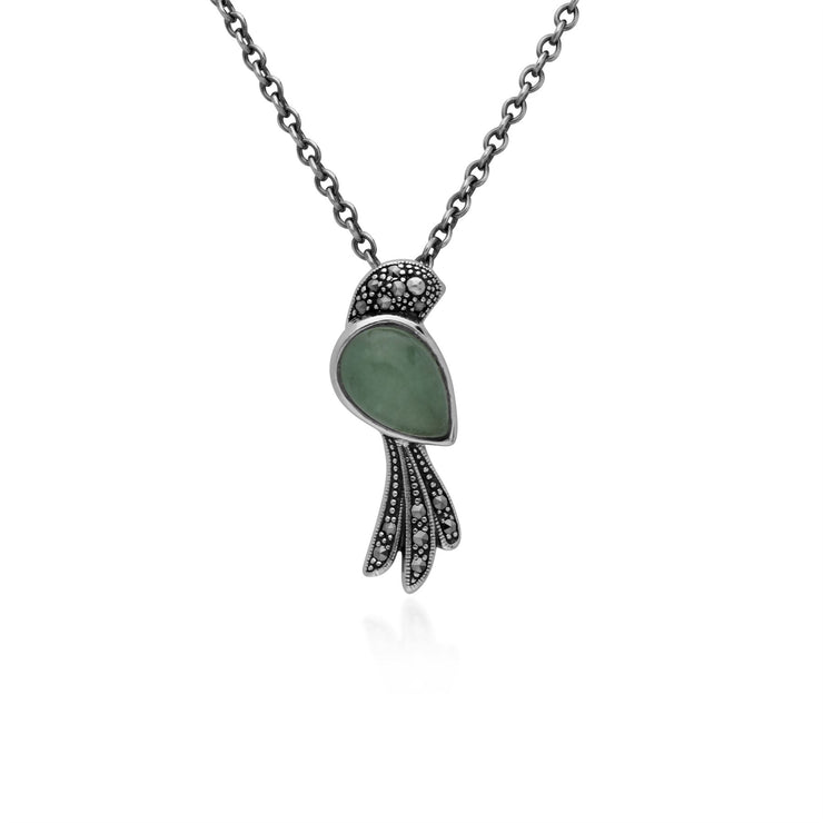 Collier Oiseau en Argent Sterling avec Jade Verte et Marcassite