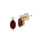 Boucles d'Oreilles Clou Classique Or Jaune 375 Grenat Oval et Diamant