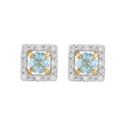 Boucles d'Oreilles Clou Aigue-Marine Classique Or Jaune 375 et Ear-Jacket Carré Diamant