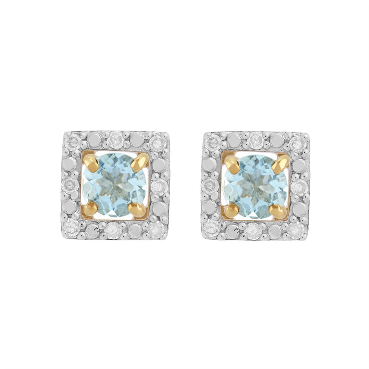 Boucles d'Oreilles Clou Aigue-Marine Classique Or Jaune 375 et Ear-Jacket Carré Diamant
