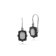 Boucles d'Oreilles Pendantes Octogonales Style Art Déco Argent 925 Nacre et Marcassite