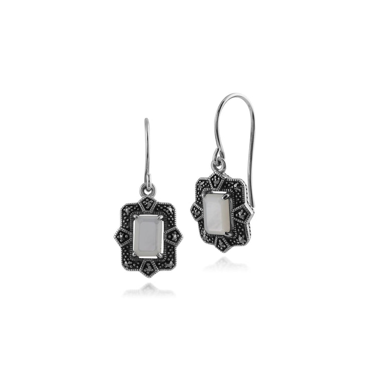 Boucles d'Oreilles Pendantes Octogonales Style Art Déco Argent 925 Nacre et Marcassite