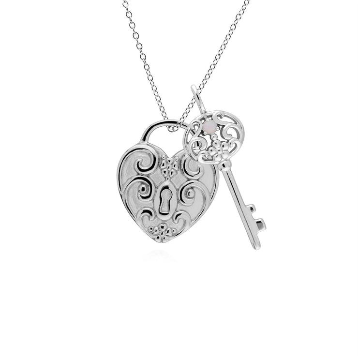 Pendentif Classique Cadenas Cœur Torsadé Argent 925 et Charms Grande Clé Opale