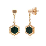 Boucles d'Oreilles Pendantes Flat Slice Hexagone Argent 925 Doré à l'Or Fin Malachite