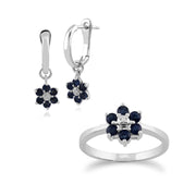 Boucles d'Oreilles Pendantes et Bague Floral Or Blanc 375 Saphir et Diamant