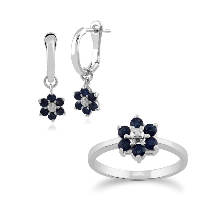 Boucles d'Oreilles Pendantes et Bague Floral Or Blanc 375 Saphir et Diamant
