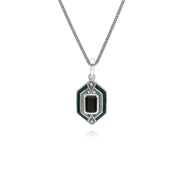 Argent Sterling Noir Onyx , Marcassite et Email Vert Hexagone 45cm Collier