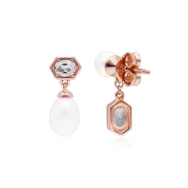 Boucles d'Oreilles Asymétrique Perle Moderne Argent 925 Doré à l'Or Fin Rose Perle et Topaze Blanche