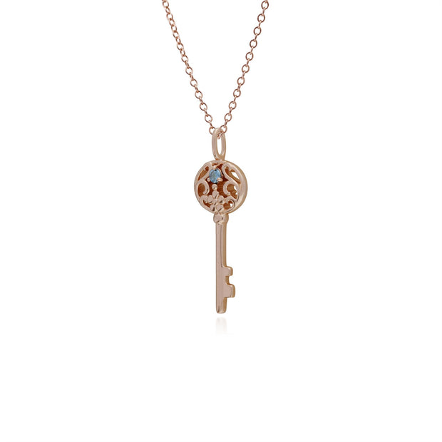 Pendentif Classique Argent 925 Plaqué Or Rose Grande Clé avec Aigue-Marine Rond
