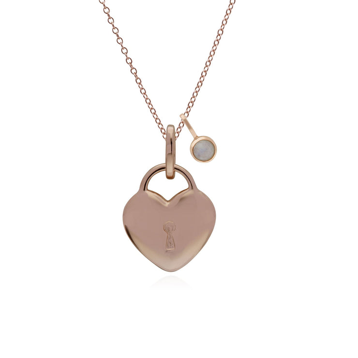 Pendentif Classique Cadenas Cœur Torsadée Argent 925 Plaqué Or Rose et Charms Pierre de Lune Arc-en-Ciel