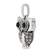 Pendentif et Boucles d'Oreilles Pendantes Chouette Style Art Nouveau Argent 925 Onyx Noir Ronde