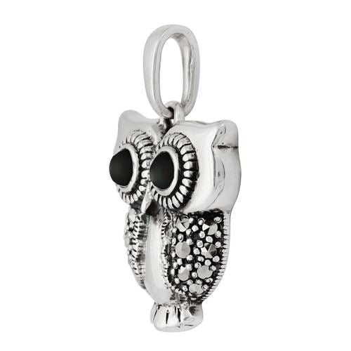Pendentif et Boucles d'Oreilles Pendantes Chouette Style Art Nouveau Argent 925 Onyx Noir Ronde