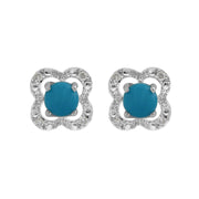 Boucles d'Oreilles Clou Turquoise Classique Or Blanc 375 et Ear-Jacket Fleur Diamant
