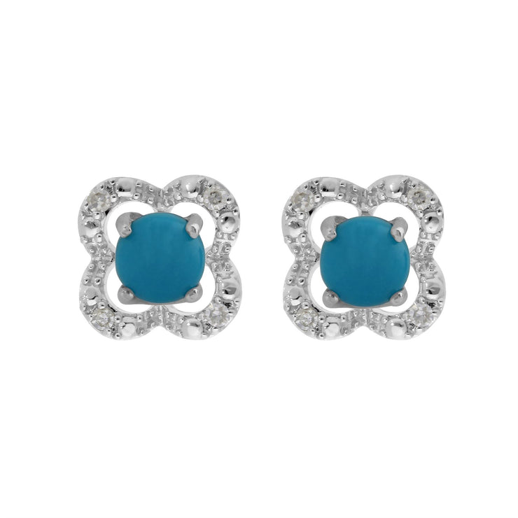 Boucles d'Oreilles Clou Turquoise Classique Or Blanc 375 et Ear-Jacket Fleur Diamant