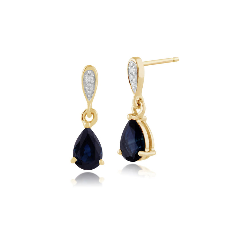 Boucles d'Oreilles Pendantes Classique Or Jaune 375 Saphir Poire et Diamant