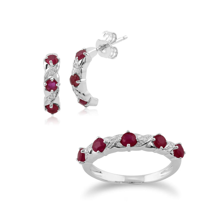 Bague Demi Eternité et Boucles d'Oreilles Demi-Créoles Or Blanc 375 Rubis et Diamant