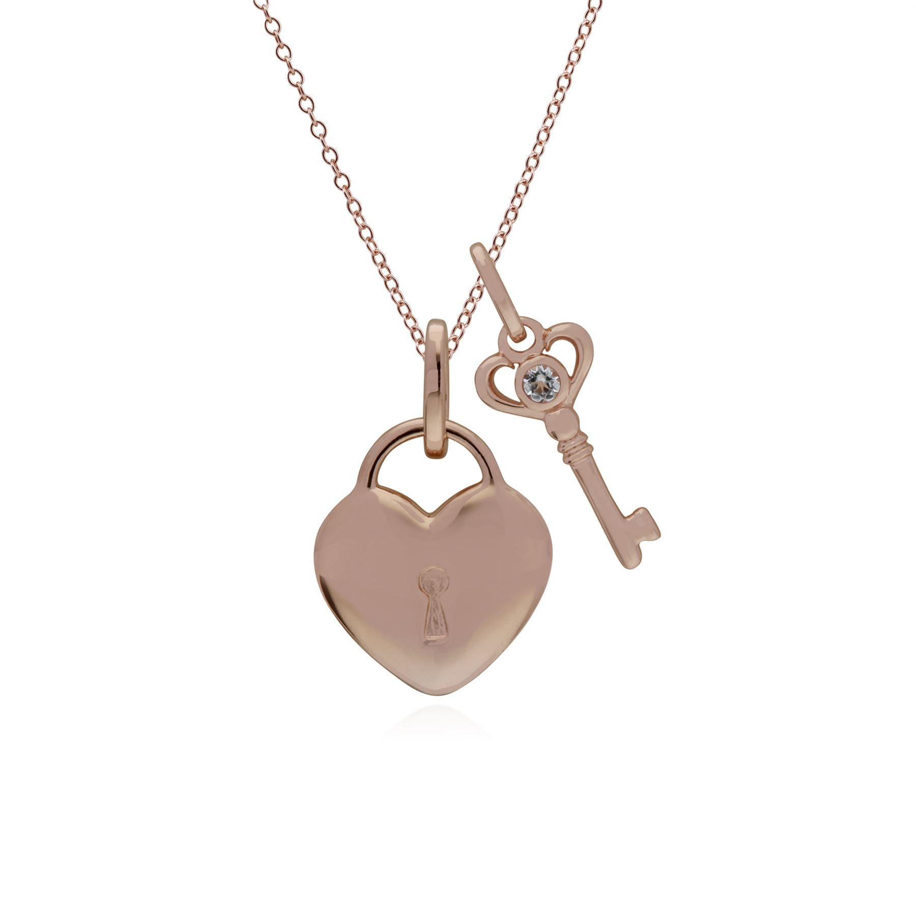 Pendentif Classique Cadenas Cœur Argent 925 Plaqué Or Rose et Charms Clé Topaze Blanche