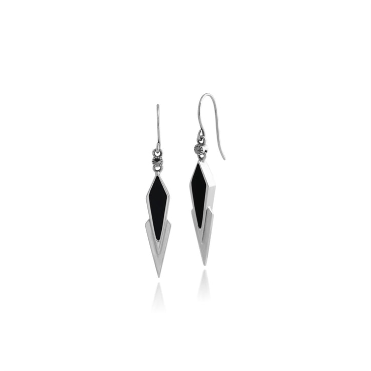 Boucles d'Oreilles Pendantes Triangulaire Style Art Déco Argent 925 Onyx Noire et Marcassite