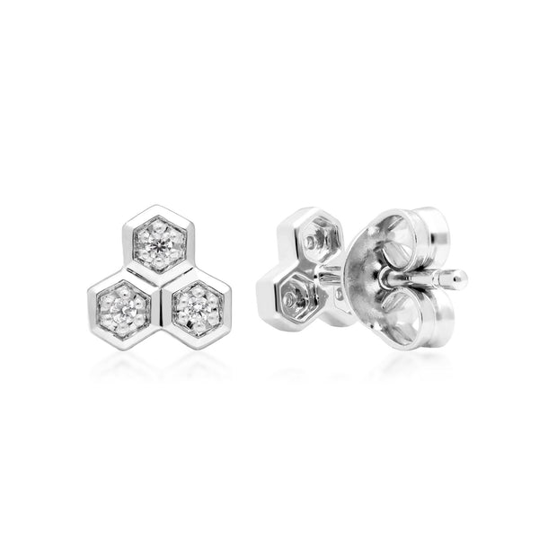 Boucles d'Oreilles Clou Géométrique Trilogie Or Blanc 375 Diamant