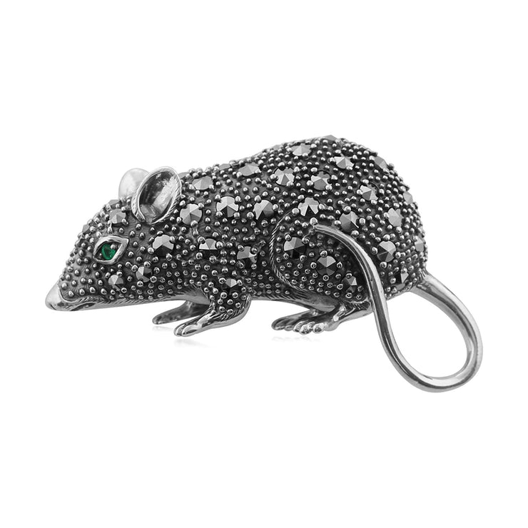 Broche Souris Classique Argent 925 Marcassite et Emeraude