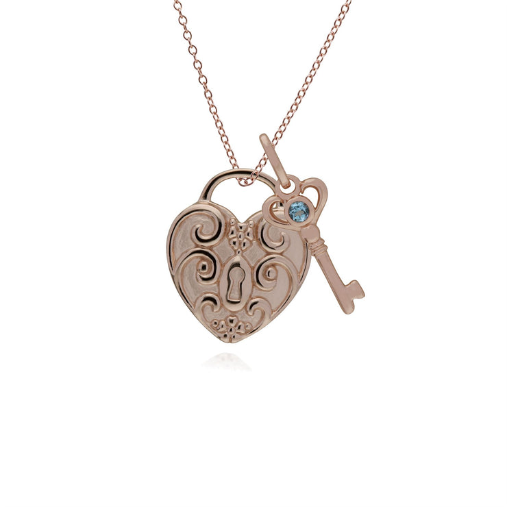 Pendentif Classique Cadenas Cœur Torsadé Argent 925 Plaqué Or Rose et Charms Clé Topaze Bleue