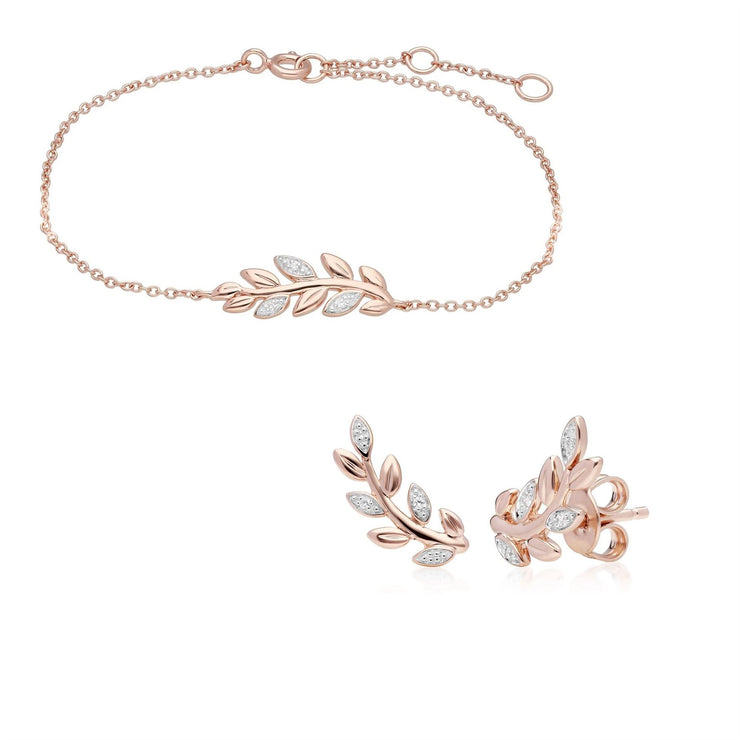 Bracelet et Boucles d'Oreilles Clou O Leaf Or Rose 375 Diamant