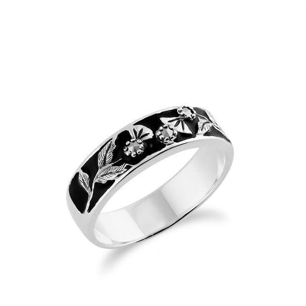 Bague florale Chardon  en argent sterling 925 avec marcassite et émail noir