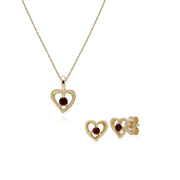 Pendentif et Boucles d'Oreilles Clou Cœur Classique Or Jaune 375 Grenat