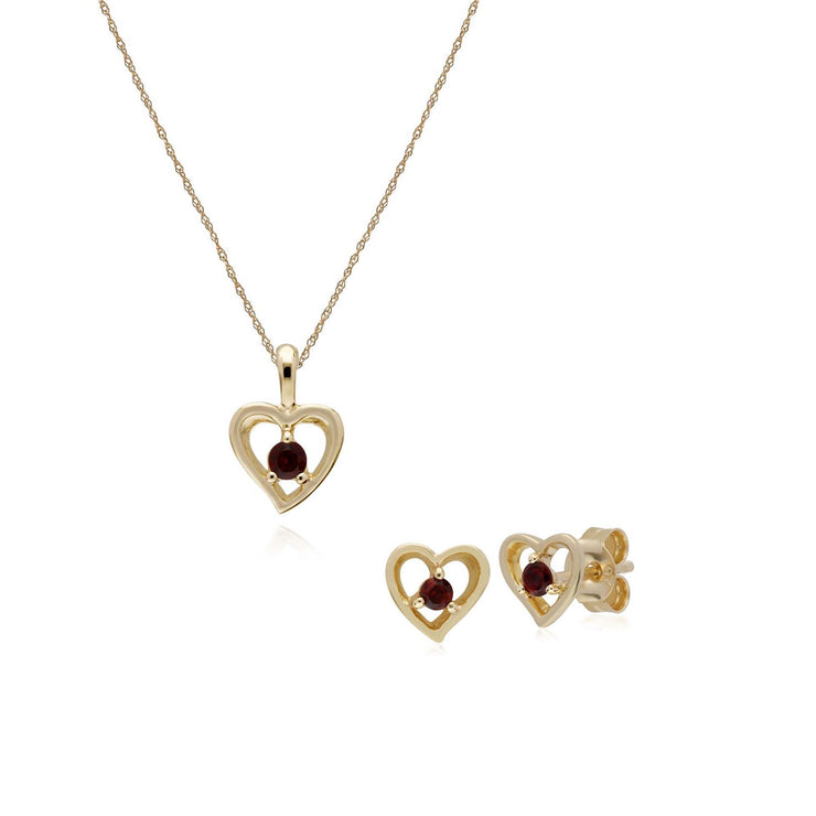 Pendentif et Boucles d'Oreilles Clou Cœur Classique Or Jaune 375 Grenat