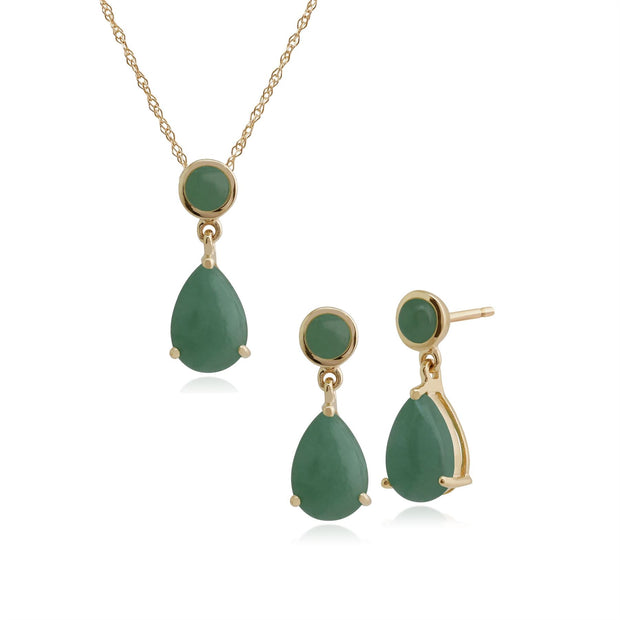 Pendentif et Boucles d'Oreilles Pendantes Classique Or Jaune 375 Jade Ronde et Poire