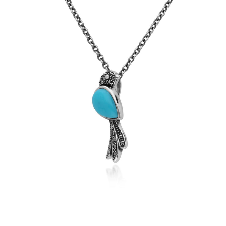 Turquoise Collier, Argent Sterling 1 Carat Turquoise & 0,11 CT Marcassite Oiseaux 45cm Collier